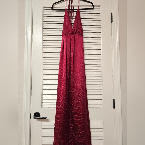 SHEIN Dresses & Skirts - SHEIN - Red Evening Faux Satin Halter Maxi Dress With Side Leg Slit
